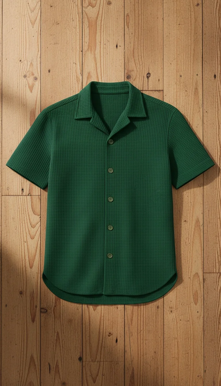 Green Waffle Knit Cuban Shirt